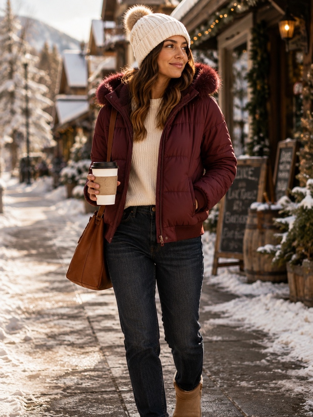 Aéropostale Burgundy Puffer Jacket Women's Medium Faux Fur Hood Zip Winter Coat